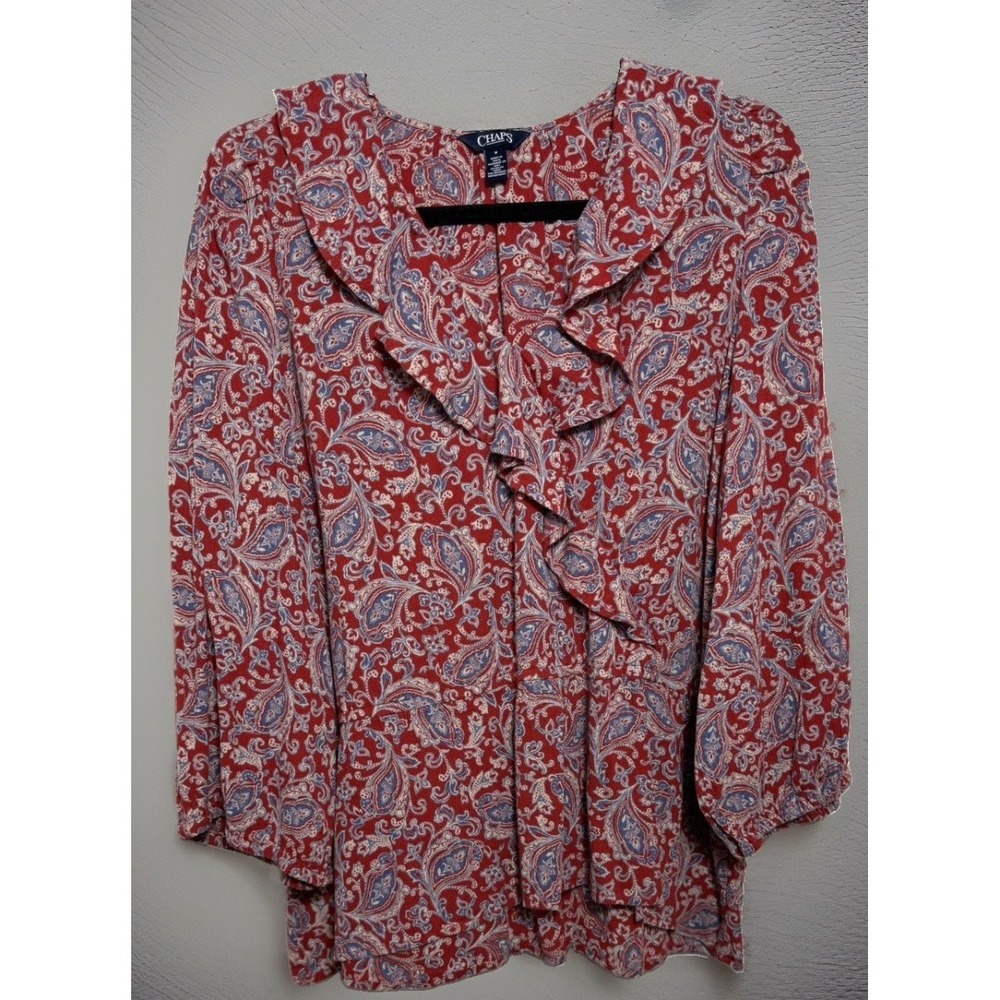 Chaps Blouse Women's Sz-Medium V-Neck Ruffle Printed Paisley Shirt Top Casual